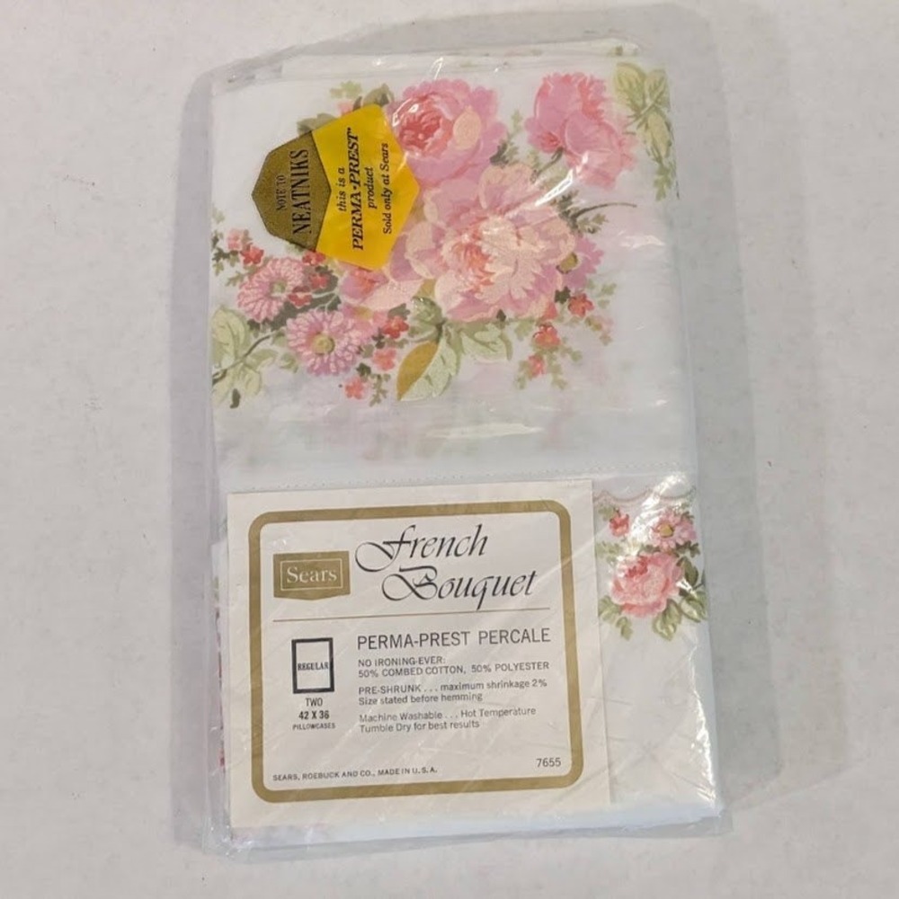 Vintage Sears French Bouquet Floral Pillowcase Set Perma-Prest Percale Pink Rose